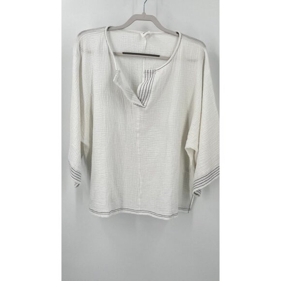 Simple Suzanne Betro Tunic Sz L Stitch Notch Neck Tunic White Stitch Trim Gauzy - Picture 1 of 16